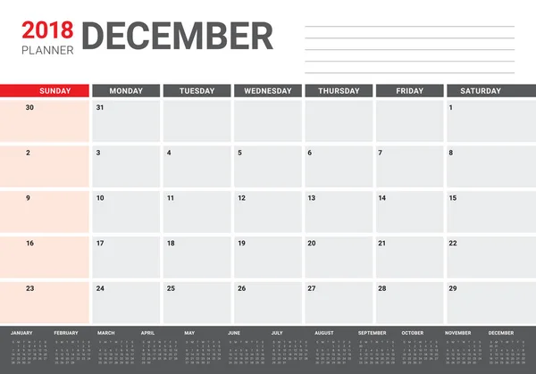 Ilustracja wektorowa grudnia 2018 planner kalendarz — Wektor stockowy