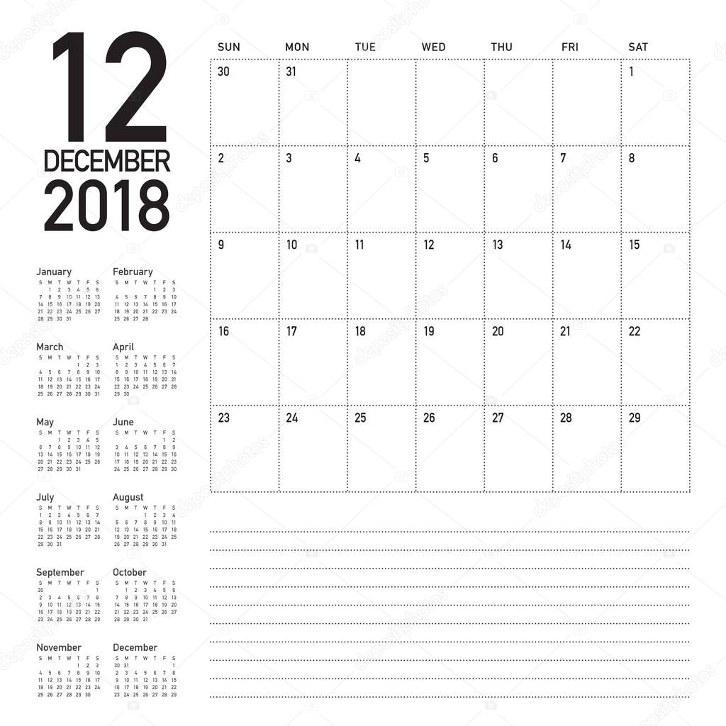 December 2018 planner calendar vector illustration