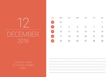 Aralık 2018 Resepsiyon takvim vektör çizim