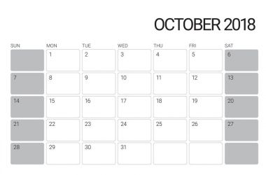 Ekim 2018 Resepsiyon takvim vektör çizim