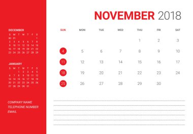 Kasım 2018 Resepsiyon takvim vektör çizim