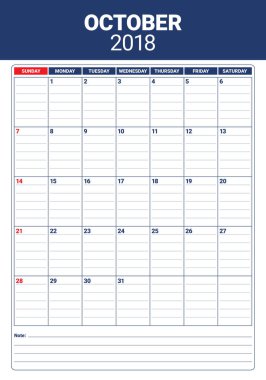 Ekim 2018 planlayıcısı takvim vektör çizim