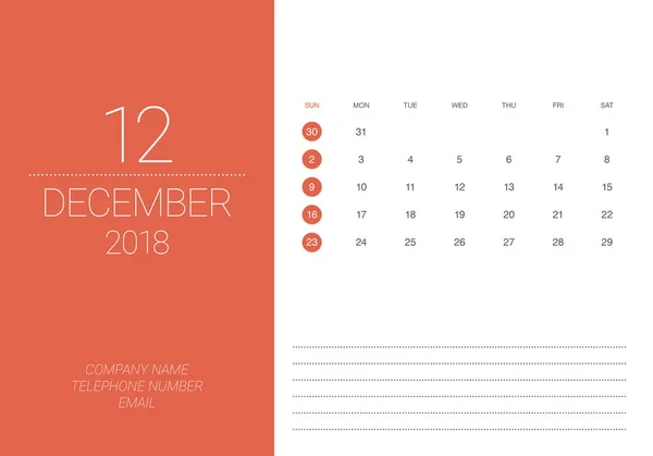Aralık 2018 Resepsiyon takvim vektör çizim — Stok Vektör