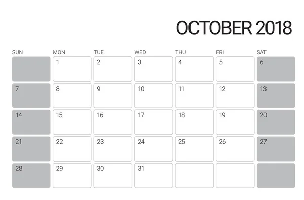 Ekim 2018 Resepsiyon takvim vektör çizim — Stok Vektör