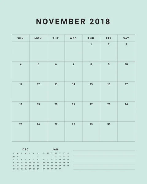 Novembro 2018 mesa calendário vetor ilustração —  Vetores de Stock