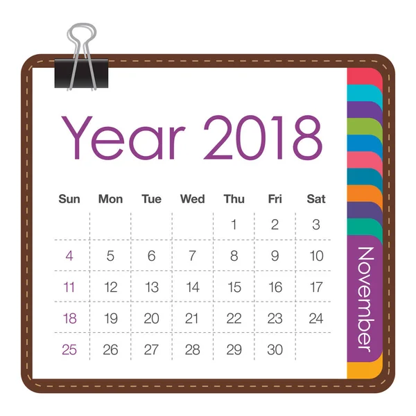 Листопад 2018 календар Векторні ілюстрації — стоковий вектор