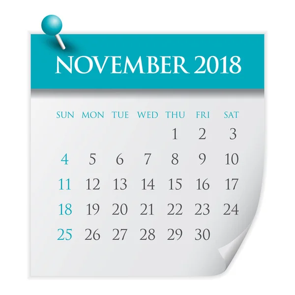 Novembre 2018 illustration vectorielle du calendrier — Image vectorielle