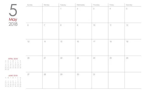 Maggio 2018 calendario planner vettoriale illustrazione — Vettoriale Stock