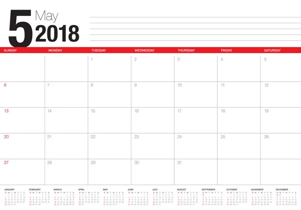 Μαΐου 2018 ημερολόγιο planner εικονογράφηση διάνυσμα — Διανυσματικό Αρχείο