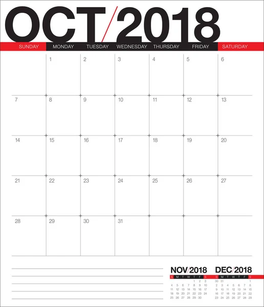 Calendrier planificateur d'octobre 2018 illustration vectorielle — Image vectorielle