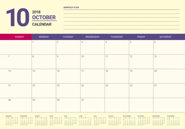 October 2018 planner calendar vector illustration — Stock Vector
