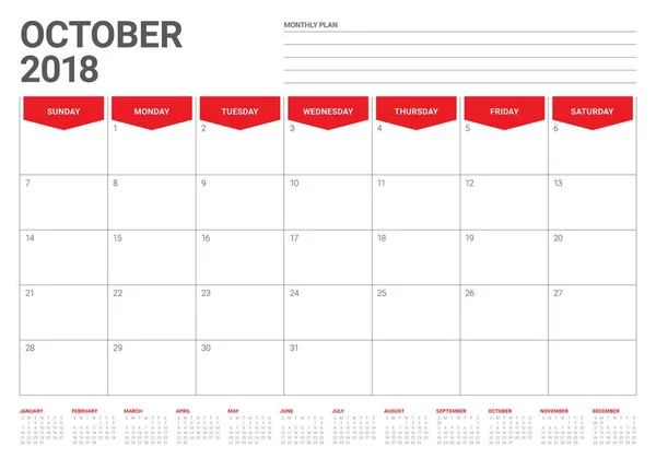 Outubro 2018 planejador calendário vetor ilustração — Vetor de Stock