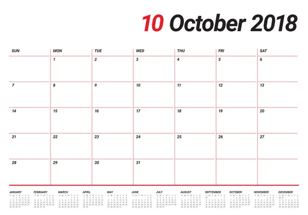 Outubro 2018 planejador calendário vetor ilustração — Vetor de Stock