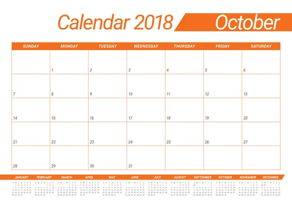 Outubro 2018 planejador calendário vetor ilustração — Vetor de Stock