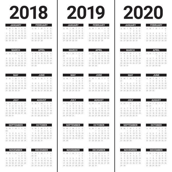 Rok 2018 2019 2020 kalendarz wektor — Wektor stockowy