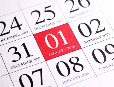 Günlük takvim üzerinde 2018 yılın ilk günü, yakın çekim.