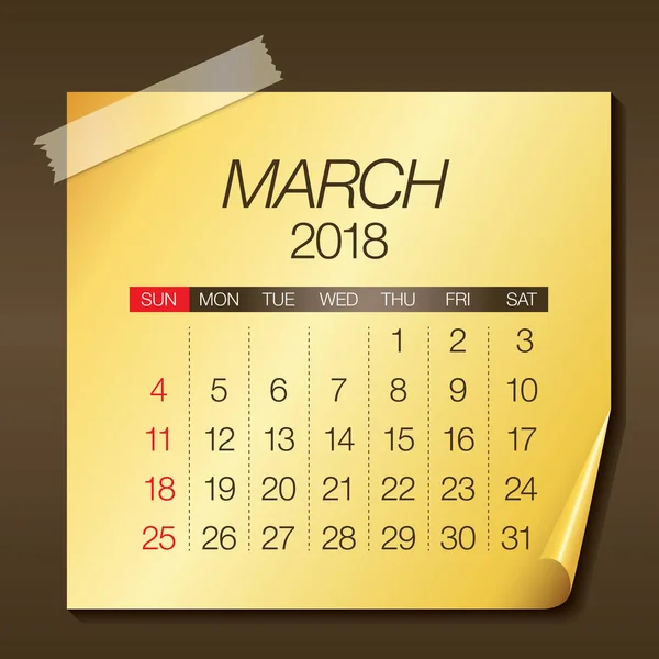 Ilustração vetor calendário março 2018 — Vetor de Stock