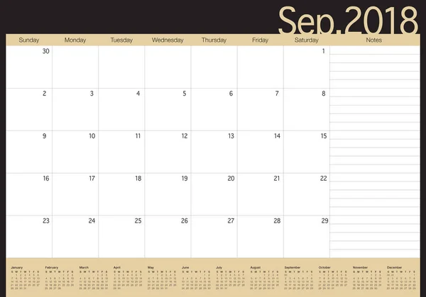 Settembre 2018 calendario dei pianificatori illustrazione vettoriale — Vettoriale Stock