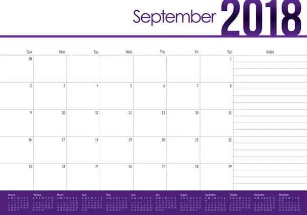 Вересень 2018 календар планування Векторні ілюстрації — стоковий вектор