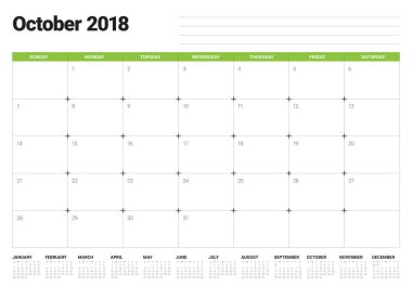 Ekim 2018 planlayıcısı takvim vektör çizim