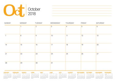 Ekim 2018 planlayıcısı takvim vektör çizim
