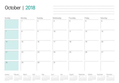 Ekim 2018 planlayıcısı takvim vektör çizim