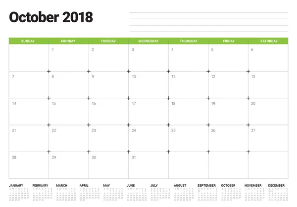 Жовтень 2018 календар планування Векторні ілюстрації — стоковий вектор