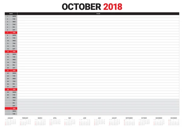 Outubro 2018 planejador calendário vetor ilustração — Vetor de Stock