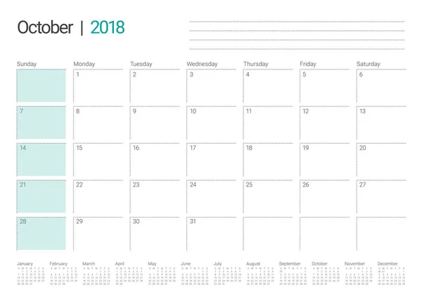Εικονογράφηση διάνυσμα ημερολόγιο planner Οκτωβρίου 2018 — Διανυσματικό Αρχείο