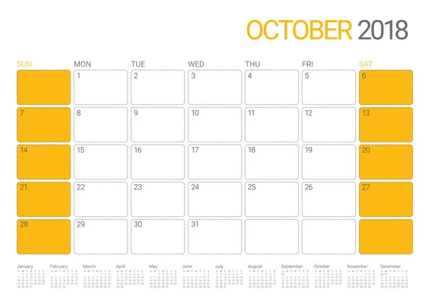 Векторная иллюстрация календаря планировщика октября 2018 года — стоковый вектор