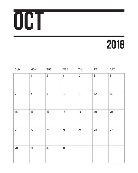 Outubro 2018 planejador calendário vetor ilustração — Vetor de Stock