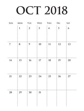 Ekim 2018 planlayıcısı takvim vektör çizim