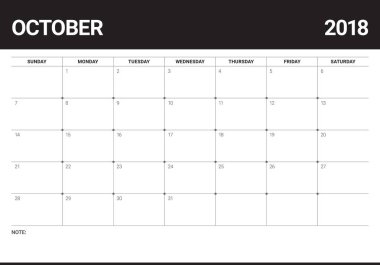 Ekim 2018 planlayıcısı takvim vektör çizim