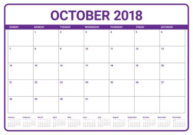 Ekim 2018 planlayıcısı takvim vektör çizim