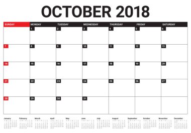 Ekim 2018 planlayıcısı takvim vektör çizim
