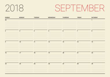 Eylül 2018 planlayıcısı takvim vektör çizim