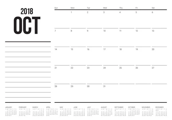 Octubre 2018 planificador calendario vector ilustración — Vector de stock