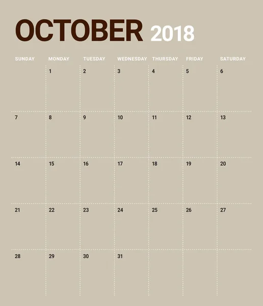 Ottobre 2018 planner calendario vettoriale illustrazione — Vettoriale Stock