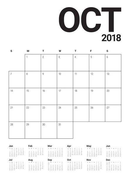 Calendrier planificateur d'octobre 2018 illustration vectorielle — Image vectorielle