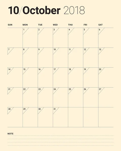 Lokakuu 2018 suunnittelija kalenteri vektori kuva — vektorikuva