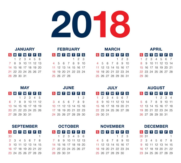 Año 2018 plantilla de diseño de vectores calendario — Vector de stock