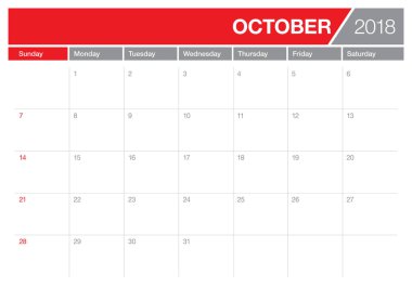 Ekim 2018 planlayıcısı takvim vektör çizim