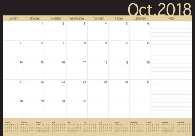 Ekim 2018 planlayıcısı takvim vektör çizim