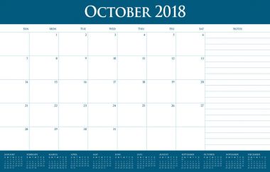 Ekim 2018 planlayıcısı takvim vektör çizim
