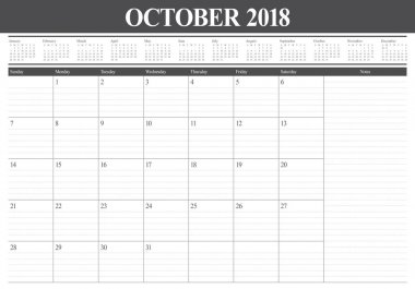 Ekim 2018 planlayıcısı takvim vektör çizim