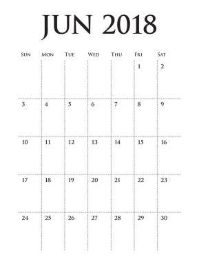 Haziran 2018 takvim planlayıcısı vektör çizim