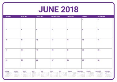 Haziran 2018 takvim planlayıcısı vektör çizim