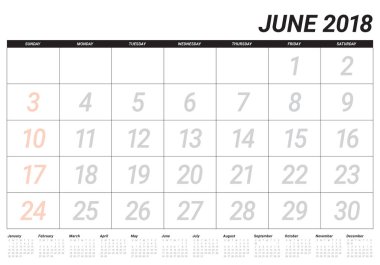 Haziran 2018 takvim planlayıcısı vektör çizim