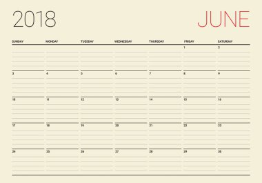 Haziran 2018 takvim planlayıcısı vektör çizim