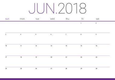 Haziran 2018 takvim planlayıcısı vektör çizim